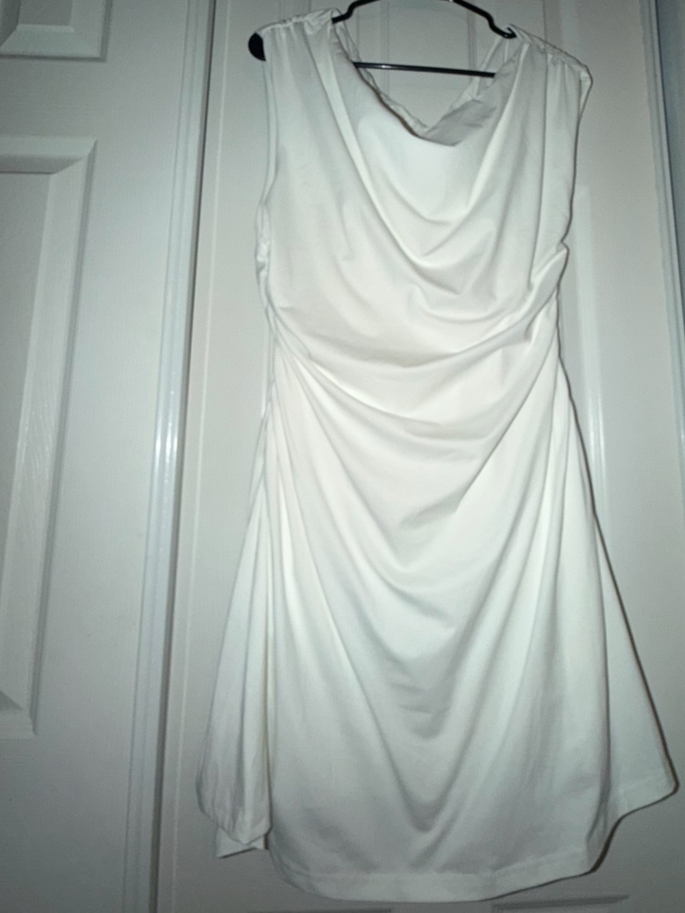 Elegant White Cowl-Neck Midi Dress with Draped Silhouette
